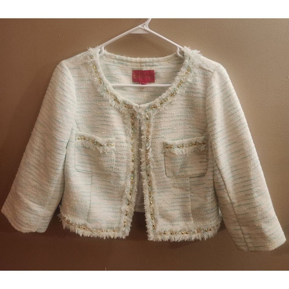 Lilly Pulitzer Green Gold Crystal Water Boucle Lurex Cropped Lia Jacket Blazer 8